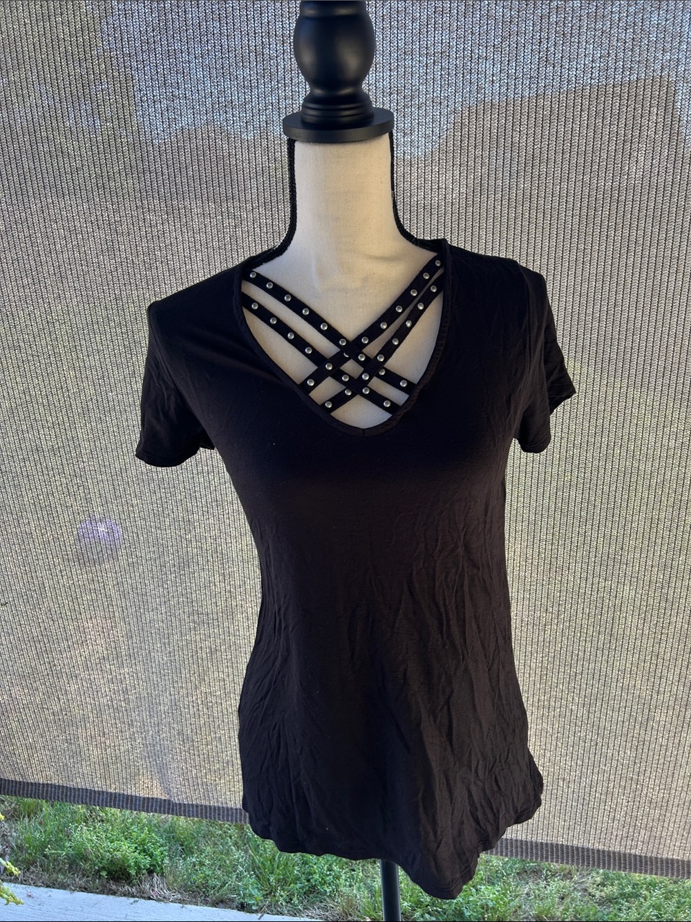 Rock & Republic Black Short Sleeve V-Neck Tee with Studded Crisscross Straps